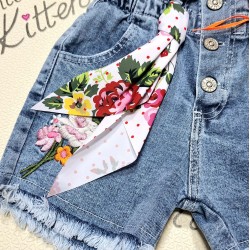 Детски къси дънкови панталони с бродирани цветя и панделка