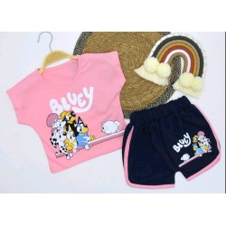 Детски летен комплект с розова блуза и къси панталонки с Блуи и Бинго