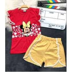 Детски летен комплект с червена блуза и жълти къси панталони с Мини Маус