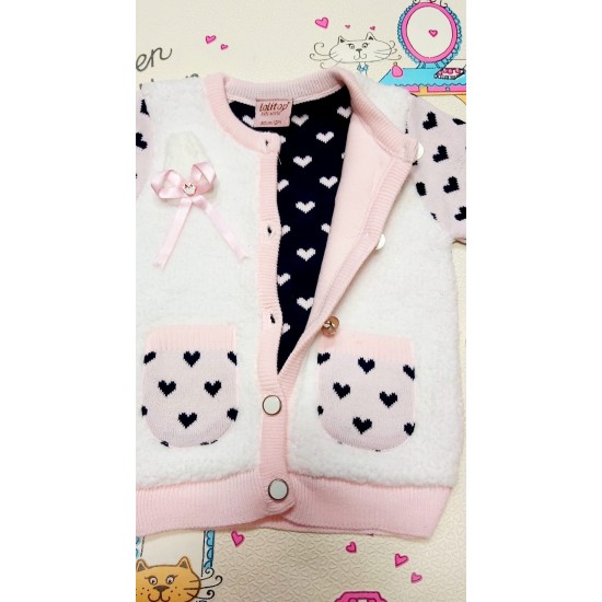 Бебешка жилетка Сърчица в бяло и розово с ушички