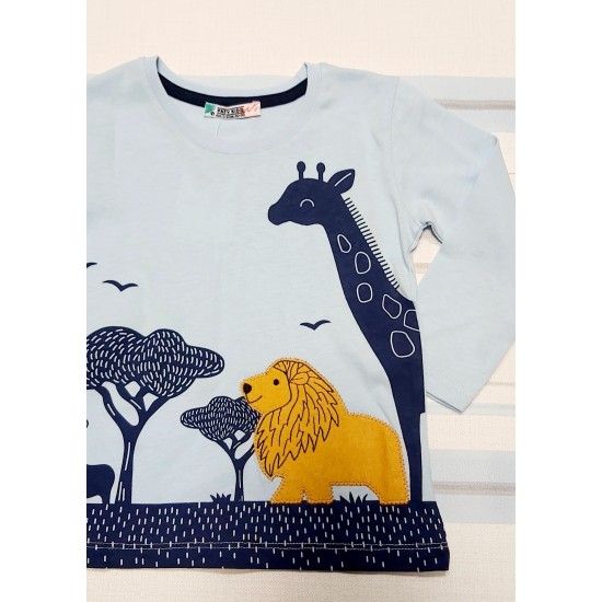 Детска тениска в синьо с жираф и лъв Детска тениска в синьо с жираф и лъв