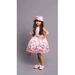 Детска разкошна рокля в розово с пеперуди с чанта и шапка