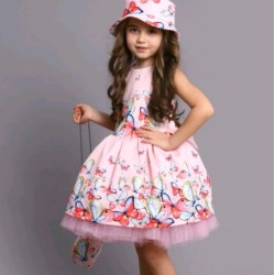 Детска разкошна рокля в розово с пеперуди с чанта и шапка