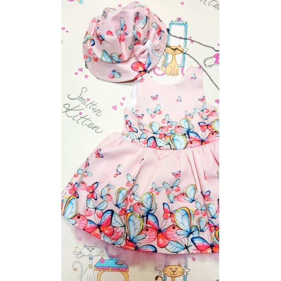 Детска разкошна рокля в розово с пеперуди с чанта и шапка