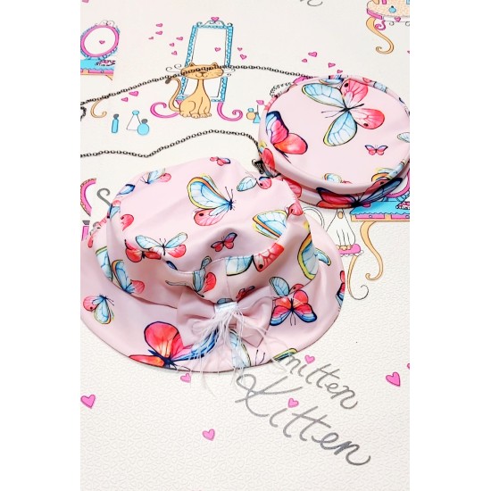 Детска разкошна рокля в розово с пеперуди с чанта и шапка