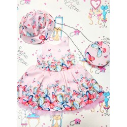 Детска разкошна рокля в розово с пеперуди с чанта и шапка