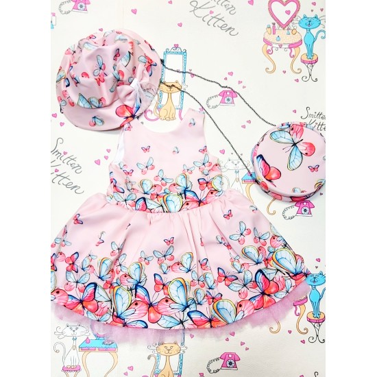 Детска разкошна рокля в розово с пеперуди с чанта и шапка