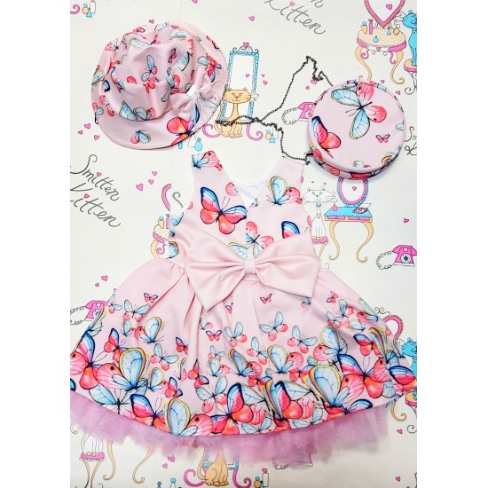 Детска разкошна рокля в розово с пеперуди с чанта и шапка