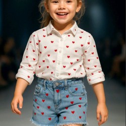 Детски дънкови къси панталони с червени сърца Детски дънкови къси панталони с червени сърца