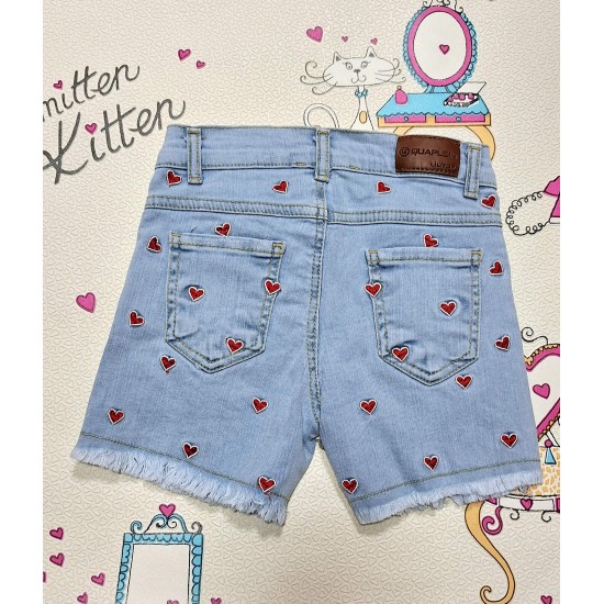 Детски дънкови къси панталони с червени сърца