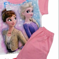 Детска лятна памучна пижама в розово с Елза и Ана