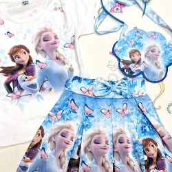 Детски летен комплект в синьо и бяло с Елза и Ана с диадема и чантичка