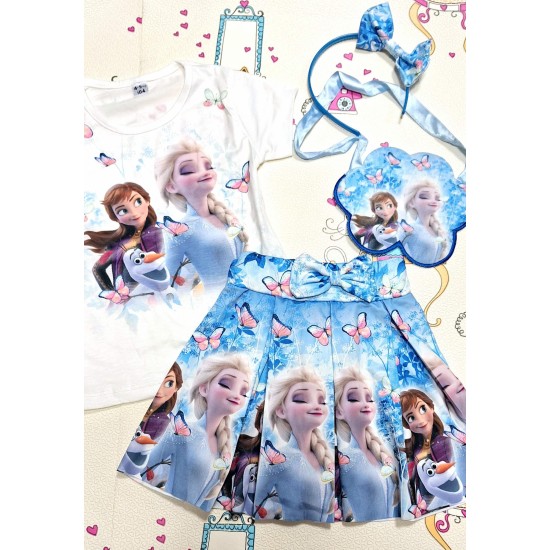 Детски летен комплект в синьо и бяло с Елза и Ана с диадема и чантичка