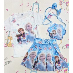 Детски летен комплект в синьо и бяло с Елза и Ана с диадема и чантичка