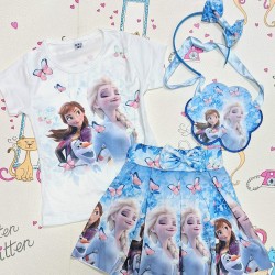 Детски летен комплект в синьо и бяло с Елза и Ана с диадема и чантичка