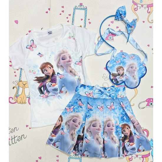 Детски летен комплект в синьо и бяло с Елза и Ана с диадема и чантичка