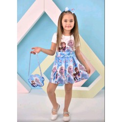 Детски летен комплект в синьо и бяло с Елза и Ана с диадема и чантичка