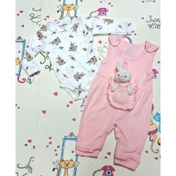Бебешки комплект с гащеризон,боди и играчка зайче в розово и бяло