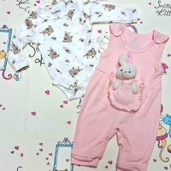 Бебешки комплект с гащеризон,боди и играчка зайче в розово и бяло
