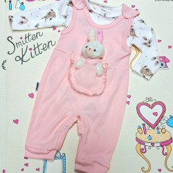 Бебешки комплект с гащеризон,боди и играчка зайче в розово и бяло