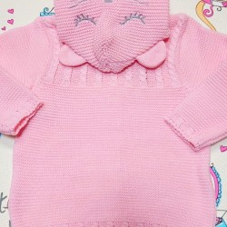 Розова детска плетена жилетка с ушички