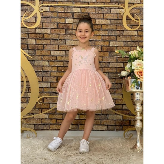 Детска официална рокля,,Еднорог  розово златисто