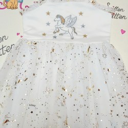 Детска рокля в бяло и златисто с  Еднорози и тюл