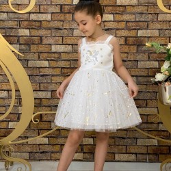 Детска рокля в бяло и златисто с  Еднорози и тюл