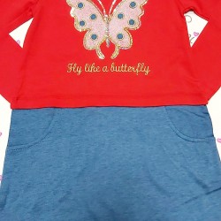 Детска рокля Пеперуда в червено и дънково