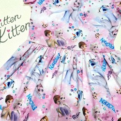 Детска лятна рокля в розово и бяло с Елза,Ана и Олаф