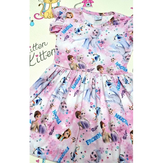 Детска лятна рокля в розово и бяло с Елза,Ана и Олаф Детска лятна рокля в розово и бяло с Елза,Ана и Олаф