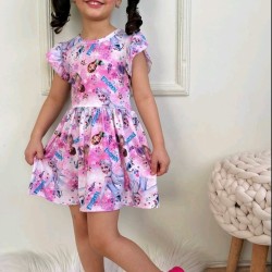 Детска лятна рокля в розово и бяло с Елза,Ана и Олаф