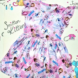 Детска лятна рокля в розово и бяло с Елза,Ана и Олаф