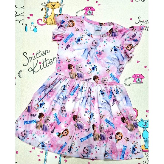 Детска лятна рокля в розово и бяло с Елза,Ана и Олаф Детска лятна рокля в розово и бяло с Елза,Ана и Олаф