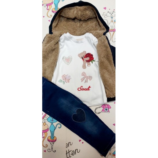 Бебешки мекичък комплект 3части за момиче Мечето и розите с яке Бебешки мекичък комплект 3части за момиче Мечето и розите с яке