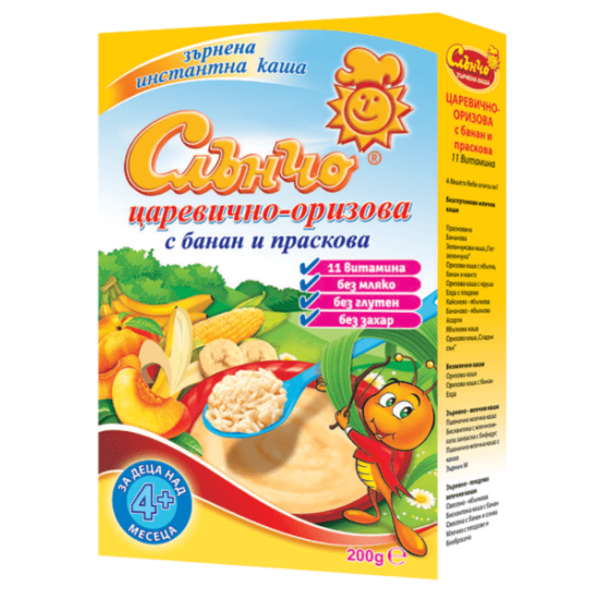 Каша Слънчо Царевично-Оризова с банан и праскова 4м+
