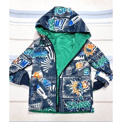 Детско двулицево преходно яке в зелено с комикси