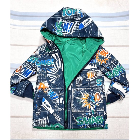 Детско двулицево преходно яке в зелено с комикси Детско двулицево преходно яке в зелено с комикси