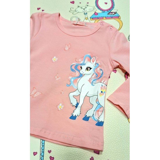 Детска памучна блуза в цвят праскова с Еднорог Детска памучна блуза в цвят праскова с Еднорог