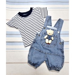 Бебешки дънков летен гащеризон с тениска в тъмносиньо и играчка мече