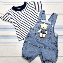 Бебешки дънков летен гащеризон с тениска в тъмносиньо и играчка мече Бебешки дънков летен гащеризон с тениска в тъмносиньо и играчка мече