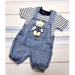 Бебешки дънков летен гащеризон с тениска в тъмносиньо и играчка мече