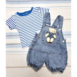 Бебешки дънков летен гащеризон и тениска в светло синьо с играчка мече