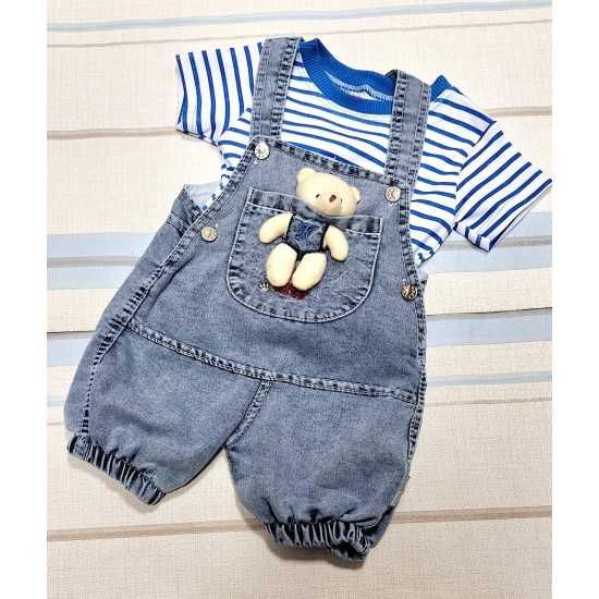 Бебешки дънков летен гащеризон и тениска в светло синьо с играчка мече