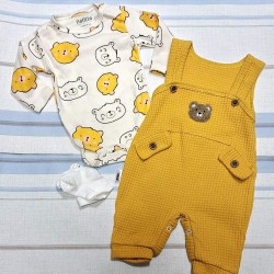 Бебешки комплект от гащеризон,боди и чорапки в жълто Мечета Бебешки комплект от гащеризон,боди и чорапки в жълто Мечета