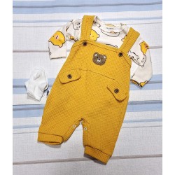 Бебешки комплект от гащеризон,боди и чорапки в жълто  Мечета