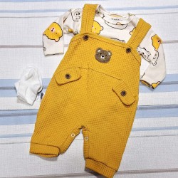 Бебешки комплект от гащеризон,боди и чорапки в жълто  Мечета