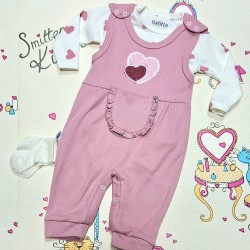 Бебешки комплект с гащеризон,боди и чорапки в розово  Сърчица