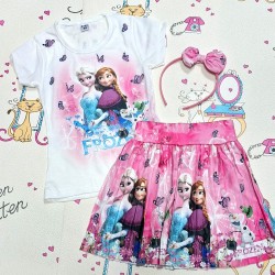 Детски летен комплект с блуза и пола в розово ,,Елза и Ана