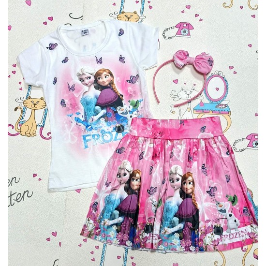 Детски летен комплект с блуза и пола в розово ,,Елза и Ана